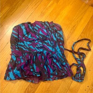 bebe Purple & Teal Strapless Ruffle Peplum Top